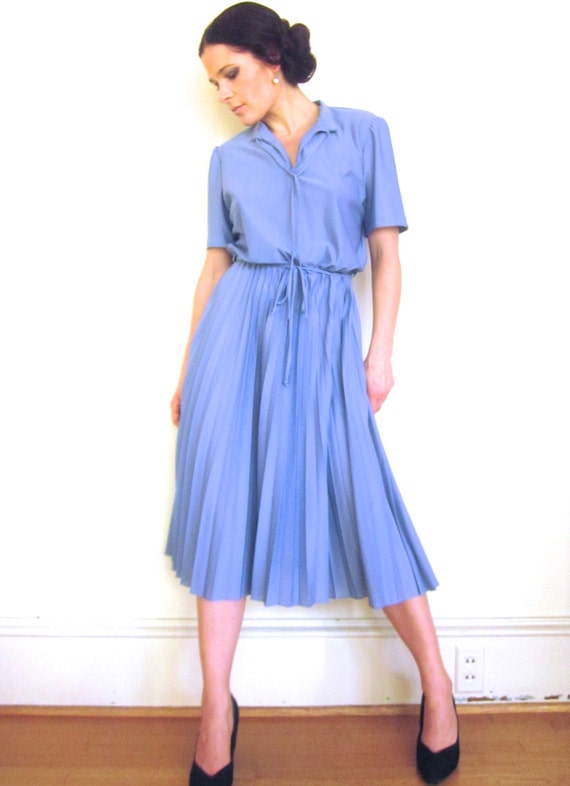 Blue Secretary Dress: Cornflower Blue Pleated 70s by kaytaInga