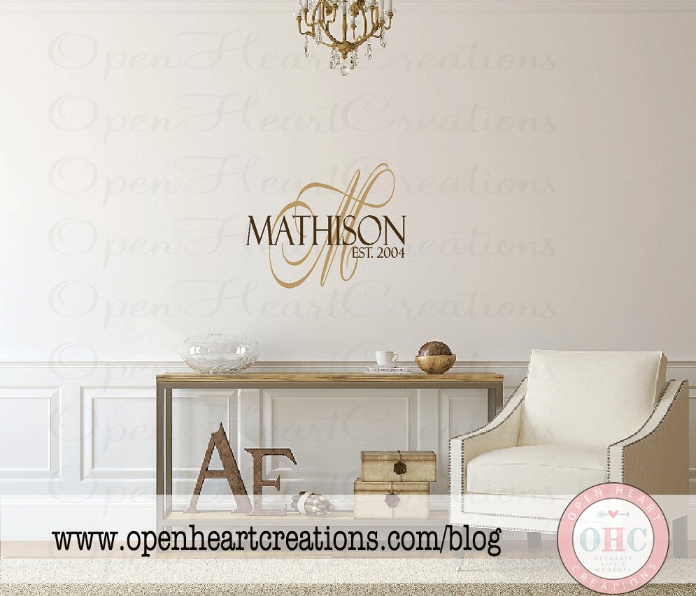 Last Name Wall Decal with Background Initial and Established