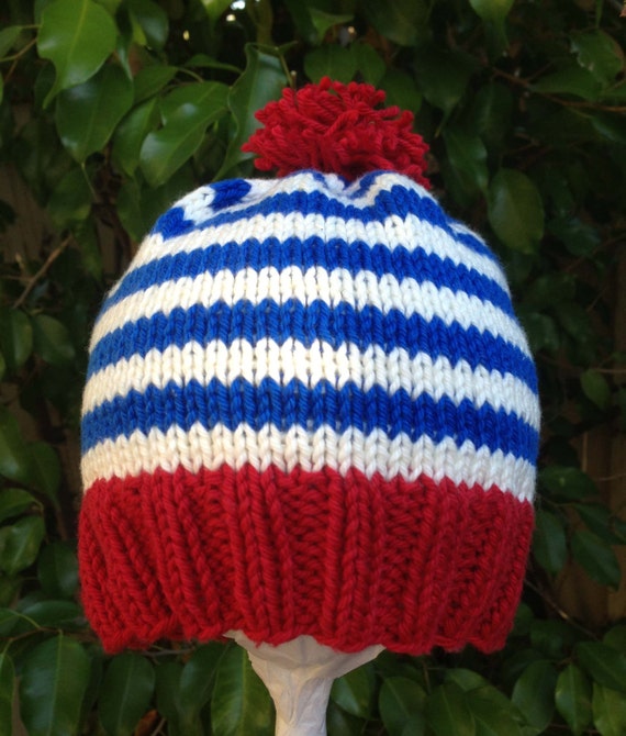 hat pom topper pom Stripes Hat  Baby Adorable White  Red Baby Gift Hand Knit   New Blue