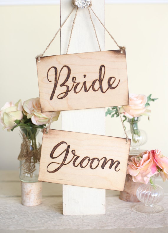 Rustic Wood Bride & Groom Chair Signs Calligraphy Country Barn Wedding by Morgann Hill Designs #MorgannHillDesigns #BraggingBags by braggingbags