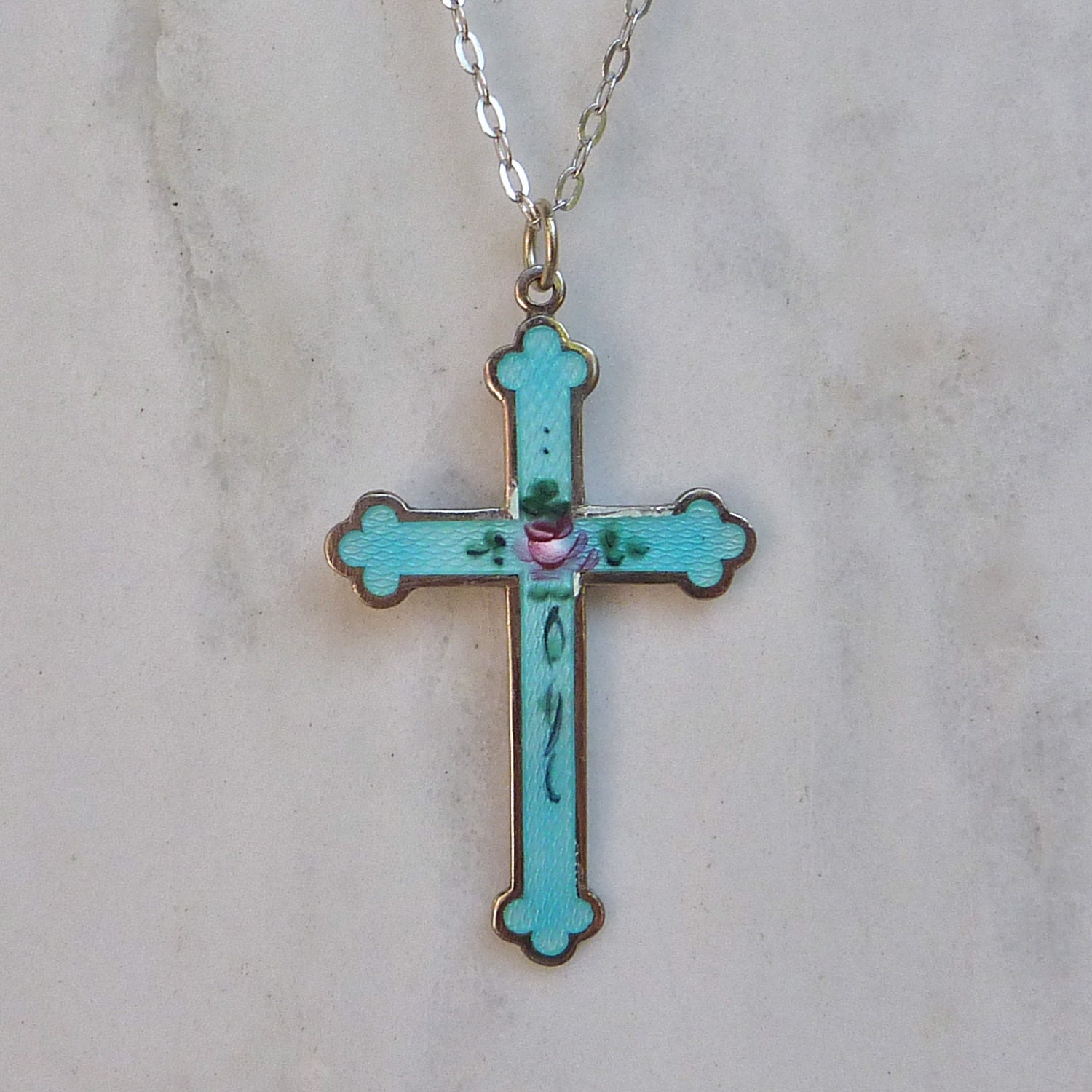 Vintage Aqua Blue & Pink Rose Enamel Cross Sterling Necklace
