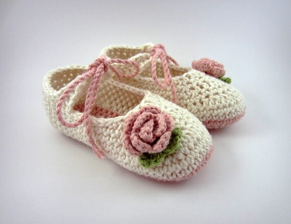 Cream and Pink Crochet Baby Booties baby girl shoes with