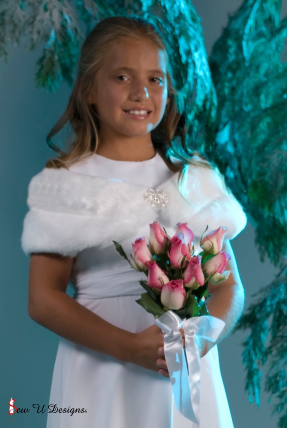 Custom Girl's faux fur wrap Winter Wedding flower girl or jr bridesmaid shawl White shrug Available in variety of faux furs