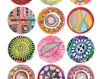 Digital Collage Sheet - Mixed Media Circles - Instant Download - Printable - Scrapbook Elements - Art Journal Elements