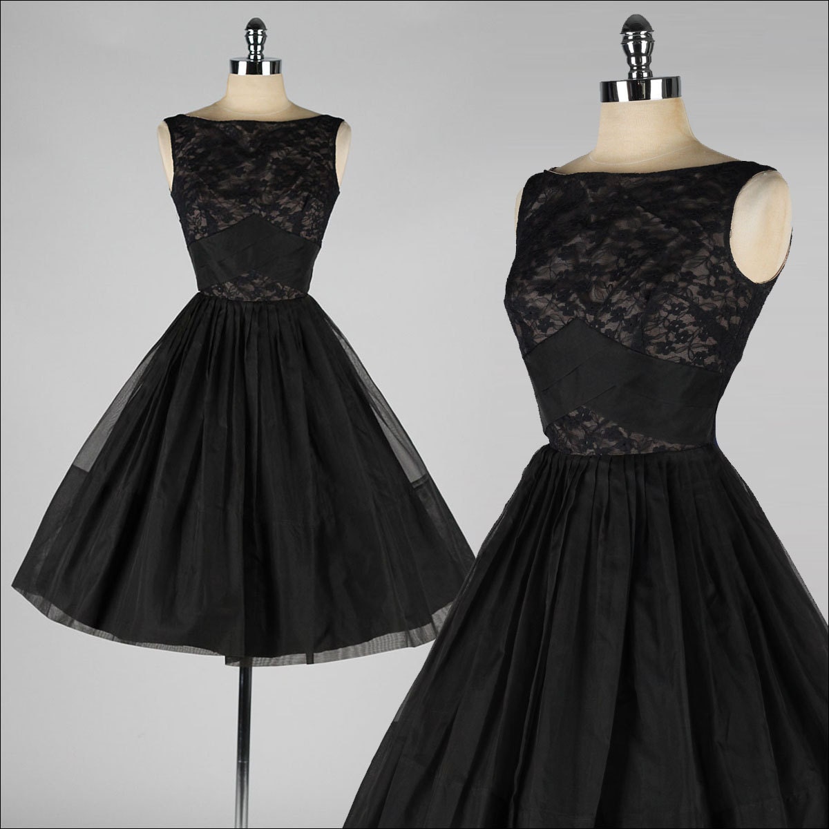 vintage 1950s dress . black organza . illusion lace . 3751