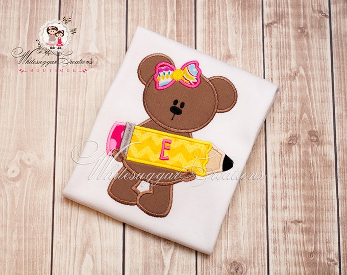 Back To School shirt - Personalized Girly Bear with Pencil Embroidered Shirt - Custom School Shirt - Pencil Shirt - Baby Girl Shirt