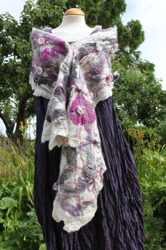 White purple pink grey  wrap shawl - Nuno & shibori felted wool - unique lagenlook style - Art to Wear OOAK