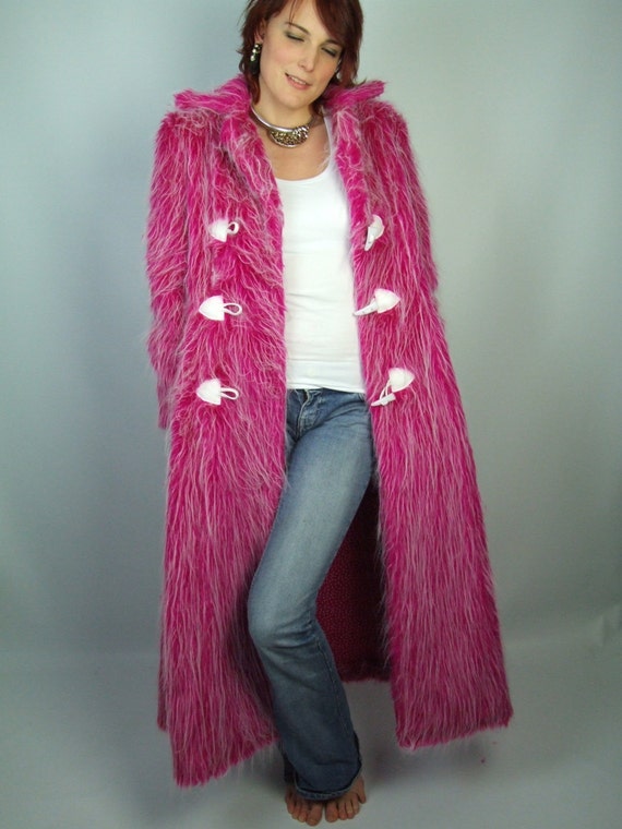 Faux Fur Coat Neon Pink White UV Long Full Length Jacket
