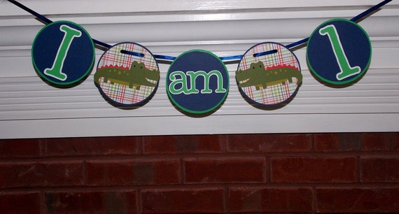 Aligator 1st Birthday High Chair Banner ... includes 2 die cuts ... READY TO SHIP ... Green Navy .. adjustable Il_570xn