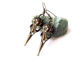 Bird Skull Earrings, Bohemian Gypsy Skull Earrings, Woodland Bird Skull Jewelry
