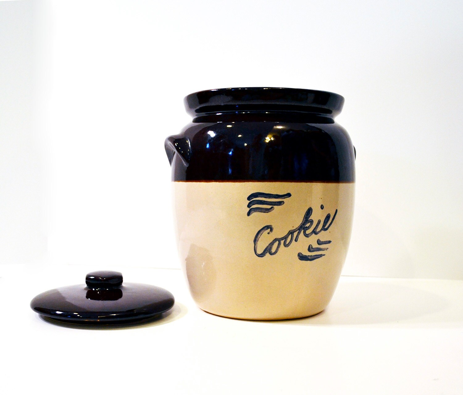 Vintage Ceramic Brown & Tan Cookie Jar With Lid Crock For