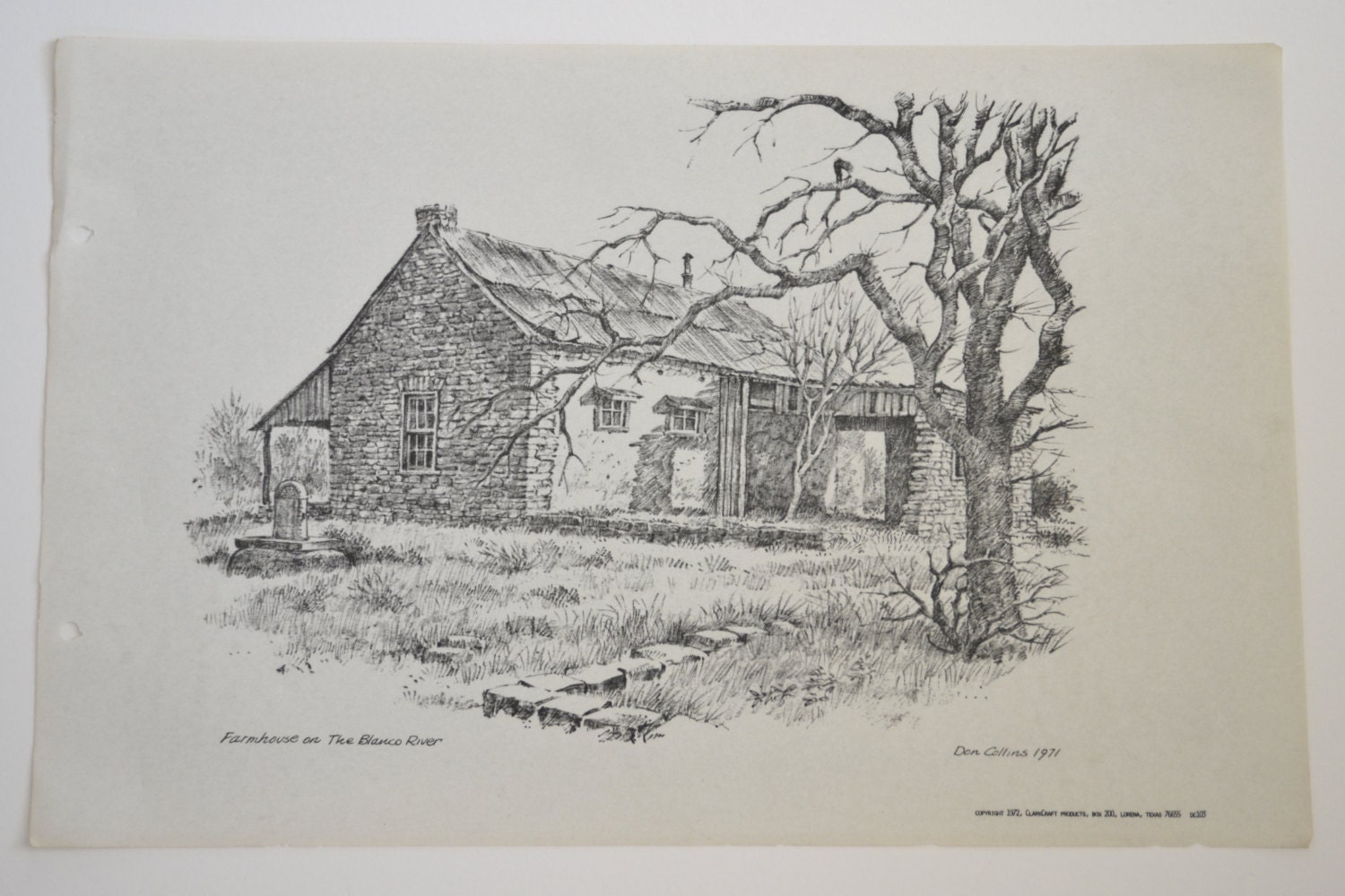 Art Print Sketch Old Farmhouse by Don Collins 1970 Vintage Art