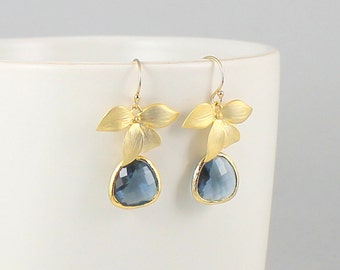 Gold Navy Blue Earrings Bridesmaid Gift Wedding Jewelry Sapphire Blue Glass Earrings Gold Jewelry Orchid Earrings Mothers Day Gift for her