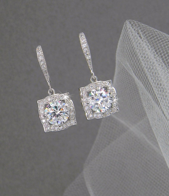 Bridal Earrings Square Swarovski Crystal wedding by CrystalAvenues