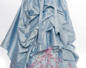 Blue Wedding Dress with Cherry Blossom Embroidery