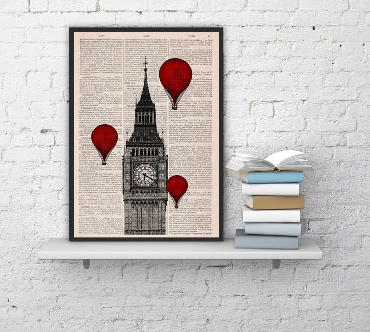 London Big Ben Tower Balloon Ride Print on Vintage Book
