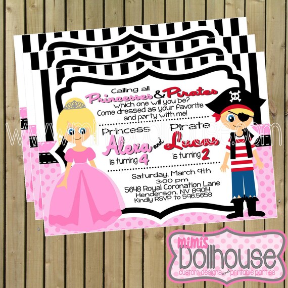 Princess and Pirate Invitation- Princesses and Pirates Birthday Invitation- Princess/Pirate Birthday Party Invitation PDF/JPEG Il_570xn