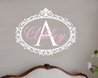 Wall Decal Nursery Monogram Wall Decal Baby Girl Vinyl Lettering Name Personalized Decor Shabby Chic Damask Girls Bedroom