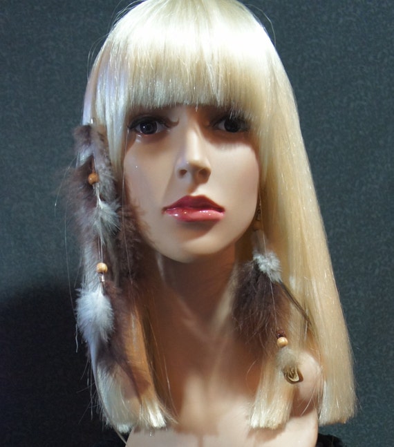 Feather Hair Extension Earring Set Natural Feathers White Golden Brown Black Wood Beads