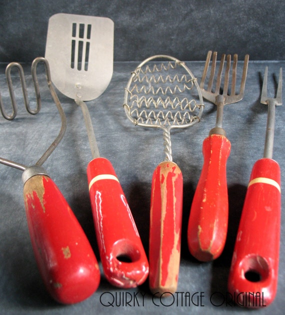 Red Handled Utensils Vintage Kitchen Utensils Farmhouse