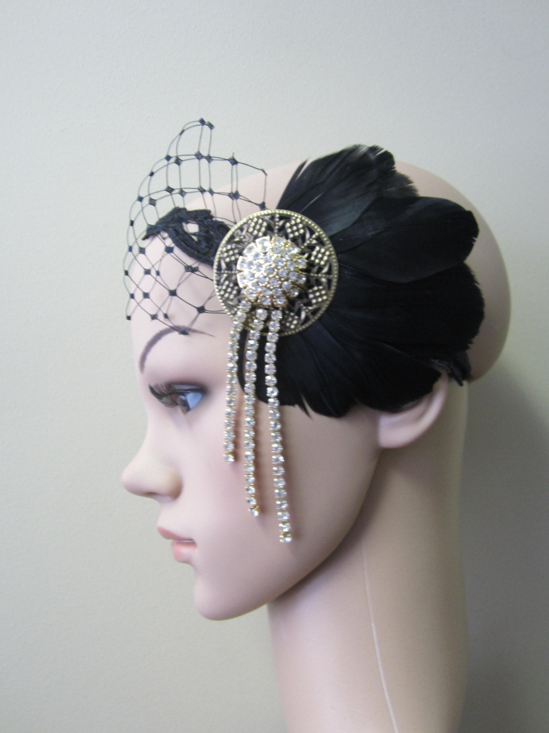 Vintage Burlesque black feather and gold rhinestone flapper headpiece