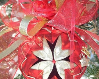EASY No-Sew Folded Quilted Flower Christmas Ornament PDF Pattern with Simple Bow Instructions. Instant download!