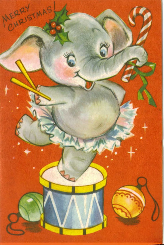 vintage christmas card dancing elephant unused