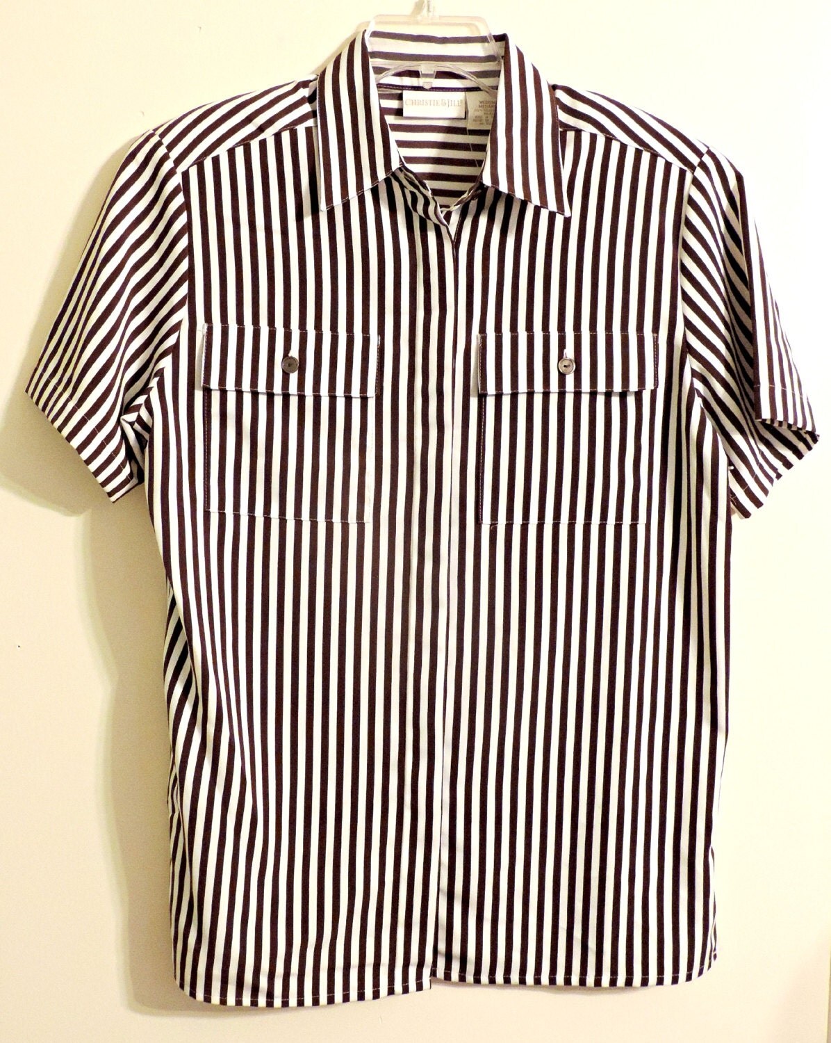1980 S Ladies Shirt Striped Chocolate Brown And White By