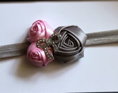 Pink and Grey Satin Rolled Flower Trio Headband - Photography Prop - Newborn, baby, child, adult - Wedding, Birthday