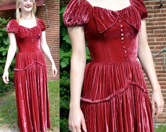 1930s Vintage Raspberry Red Silk Velvet Dress size XS bust 30