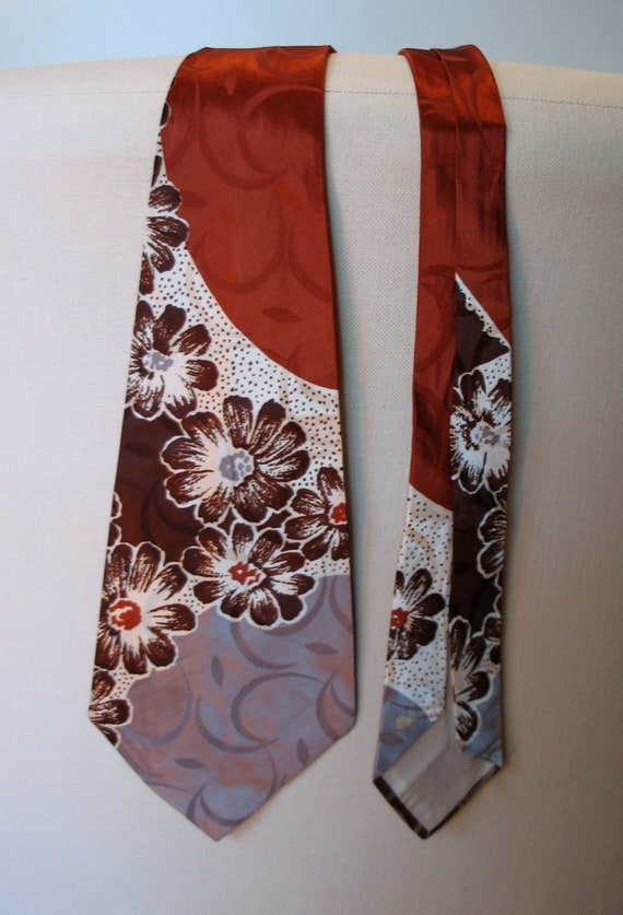Vintage 1940s Necktie - Satin Rayon Flowers and Block Colours
