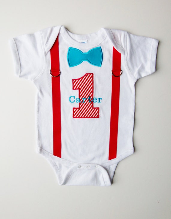 Items similar to First Birthday Suspenders Personalized Bow Tie 1 For 1st Birthday Boy Red Aqua
