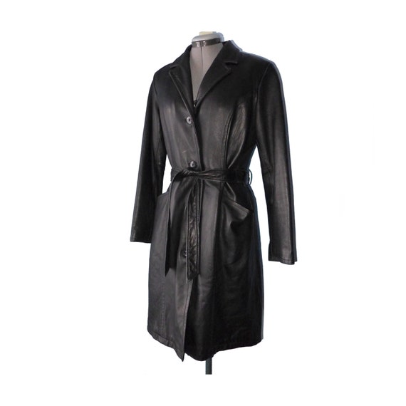 Full length leather trench coat belted lined black