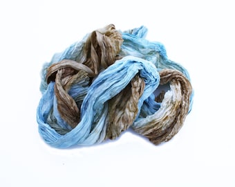 Morning in Paris - blue, sky blue, turquoise, cream, ecru, brown silk ruffled scarf.
