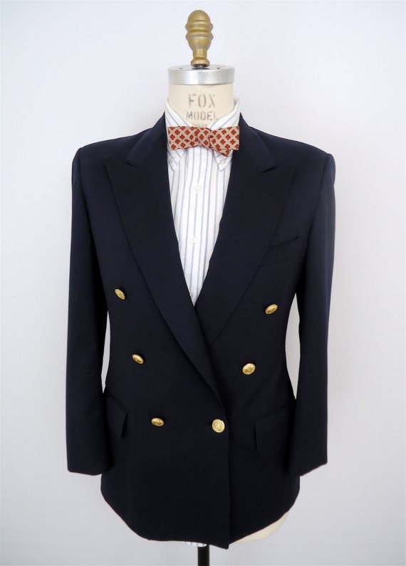 Double Breasted Navy Blue Blazer Gold Buttons / vintage sport