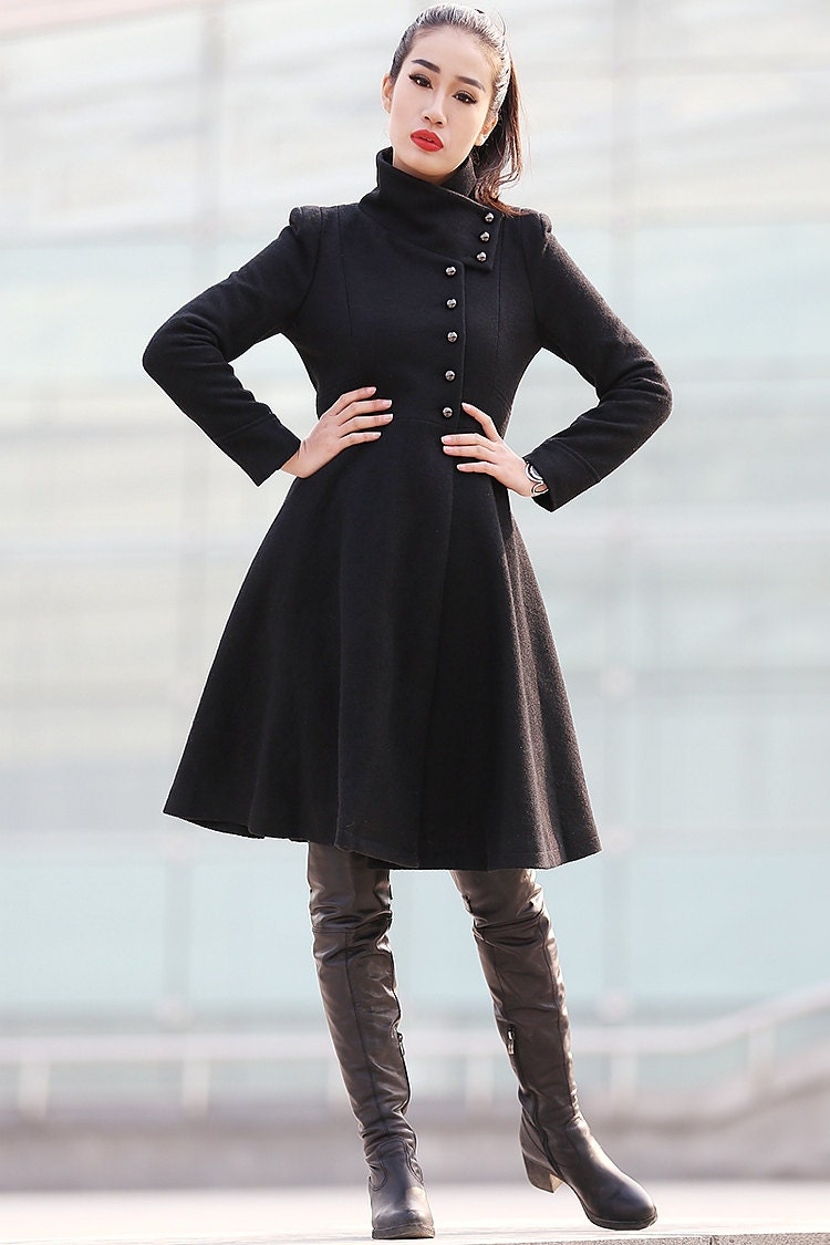 Black Coat Big Sweep High Collar Women Wool Winter Coat Long