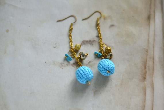 Mint Blue Earrings - Crochet Earrings - Gold& Mint Blue - Everyday Jewelry