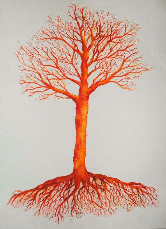 Items Similar To Large Tree With Roots In Orange Drawingpainting 22