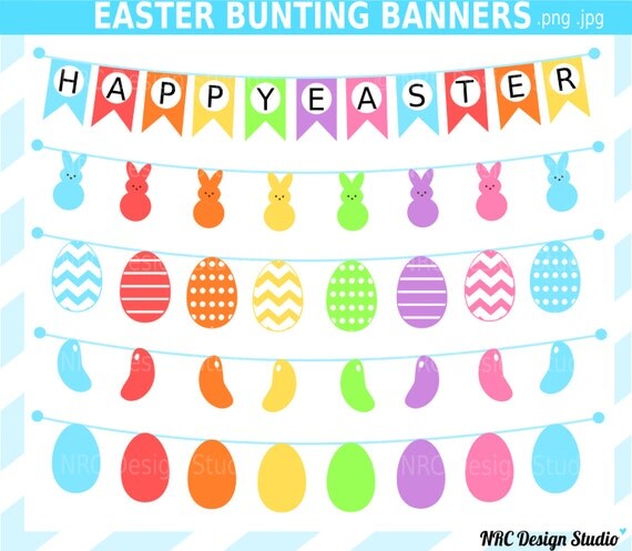Easter Clip Art - Easter Banners Clip Art - Digital Easter Bunting Banners Clipart - Easter Eggs, Jellybeans, Marshmallow Il_570xn
