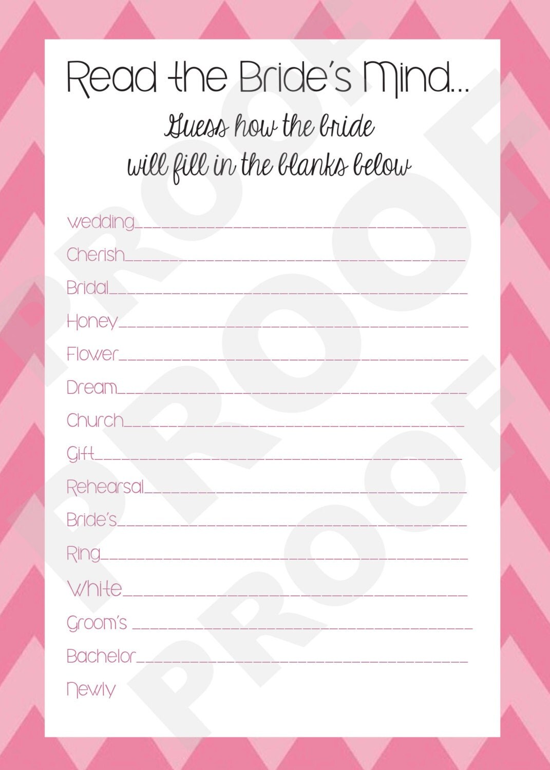 Bridal Shower Game Read the Bride's Mind Printable Game