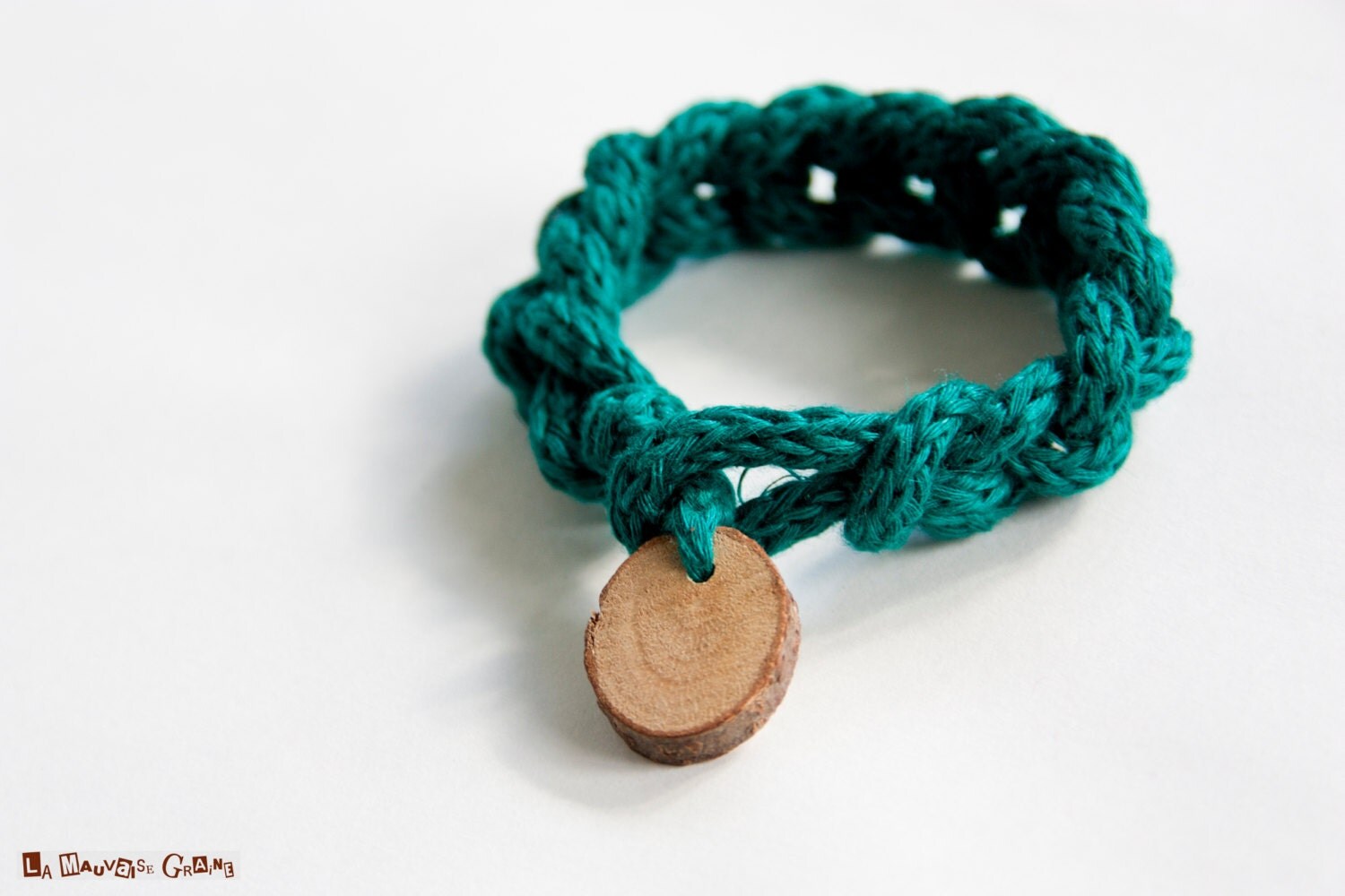 French Knitting bracelet braided natural linen with wood
