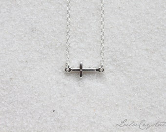 Dainty Sideways Cross Necklace Sideway Silver Everyday Cross Charm Necklace