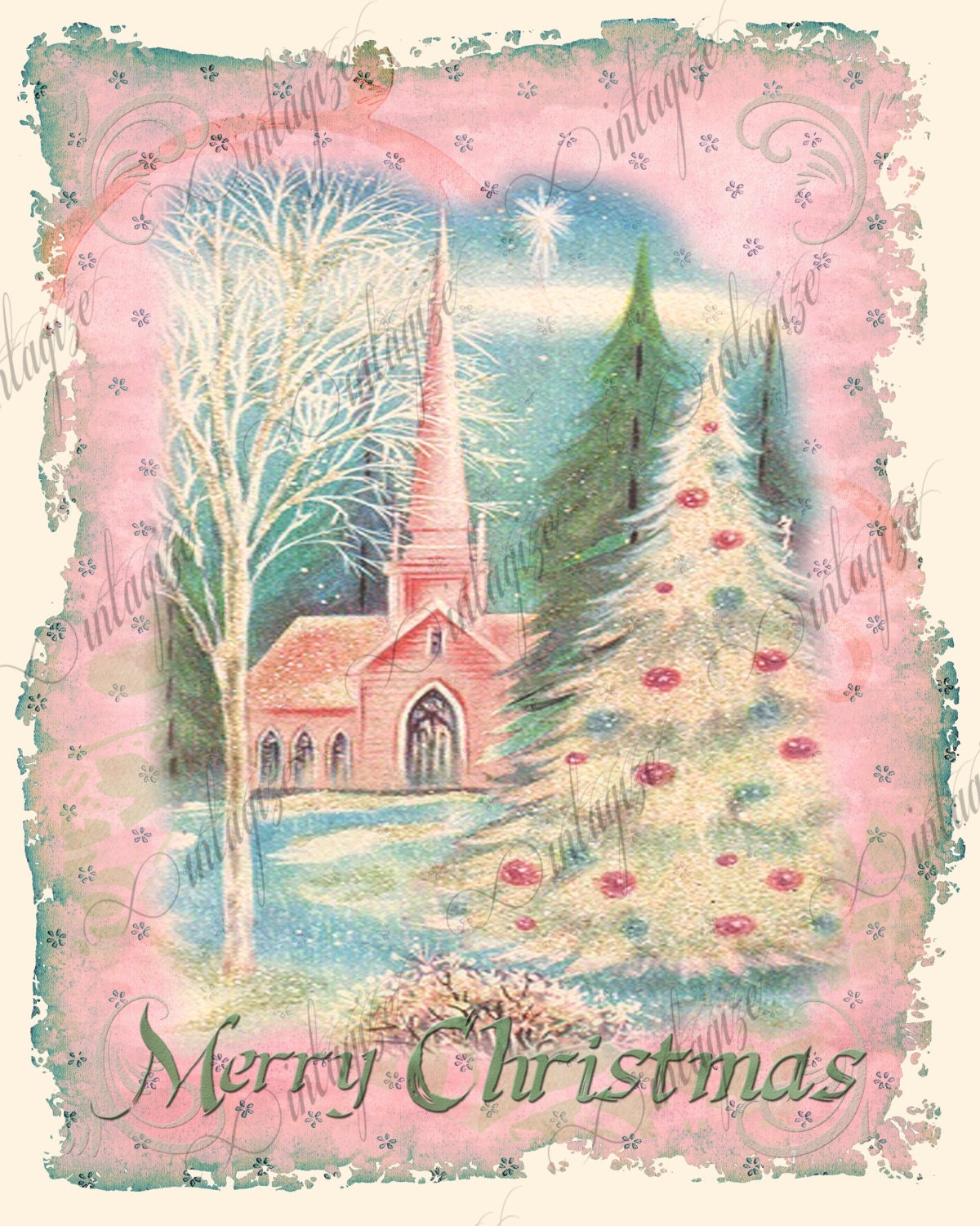cards printable christmas decoupage free Vintage Shabby PINK Chic Printable Christmas Print Church Art