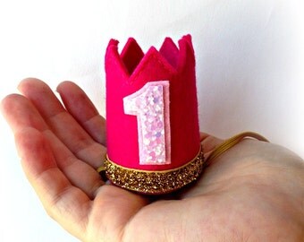 Ready to Ship Birthday Crown Pink Felt Crown Headband MINI Gold Glitter