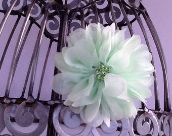 Mint green hair clip, girls green flower hair clip hair accessory, green hair flower with acrylic center, girls hair clip hair accessory.
