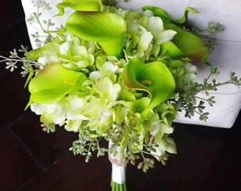 Silk Wedding Bouquet with Green Calla Lilies - Rustic Natural Touch Callas Silk Bridal Flowers