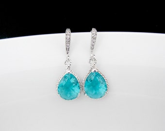 silver teal earrings , bridesmaids teal earrings , cz teal earrings , zirconia teal earrings , wedding jewelry , sea green earrings , bridal