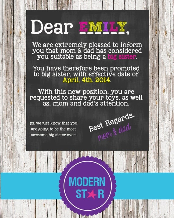 Download Items similar to Being Promoted to Big Sister Letter - Adorable Pregnancy Announcement ...