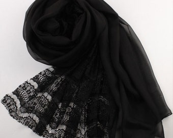 Black Lace And Silk Scarf - Black Lace Chiffon Scarf - AS26