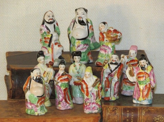 Set of 11 colorful miniature Chinese figurines